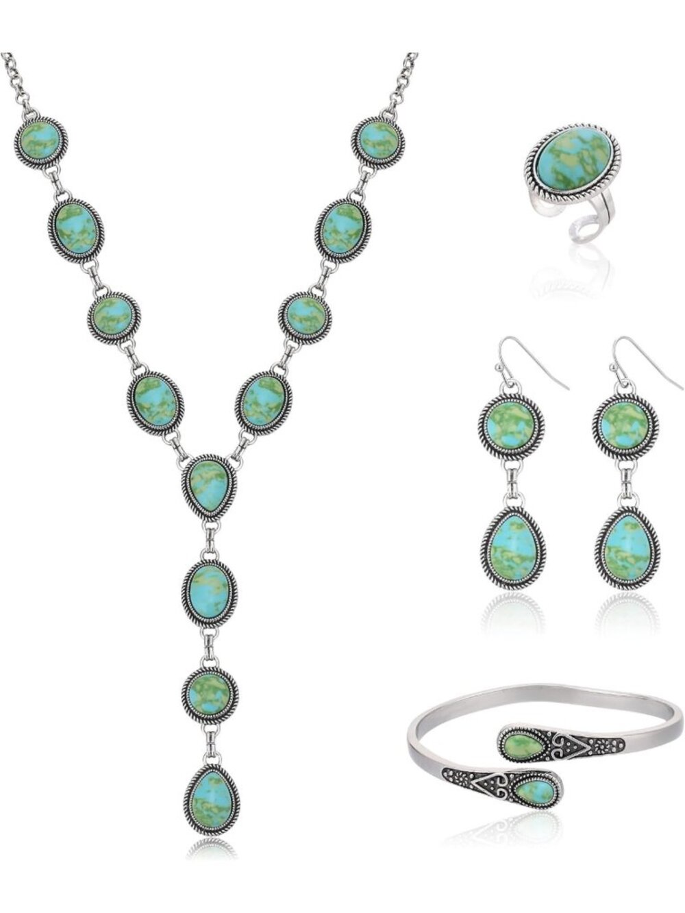 Boho Vintage Turquoise Jewelry Set - 4 PCS Necklace, Earrings, Bracelet, Ring